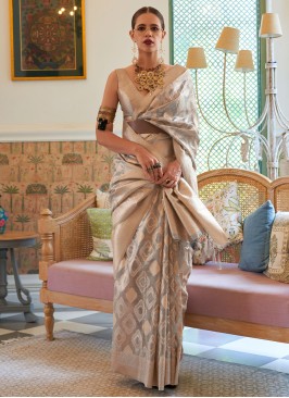Off White & Grey Handloom Silk Tissue Bollywood Saree