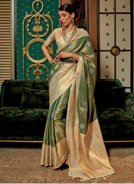 Handloom Silk Woven Beige and Green Saree