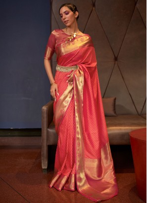 Pink and Peach Designer Handloom Silk Saree