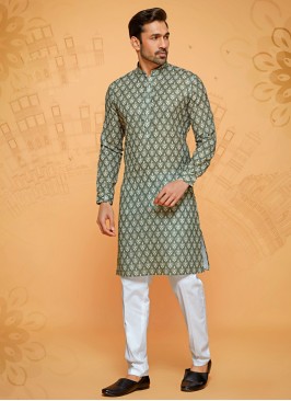 Light Olive Green Printed Readymade Kurta Pajama