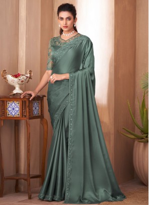 Gorgeous Sea Green Embroidered Silk Saree