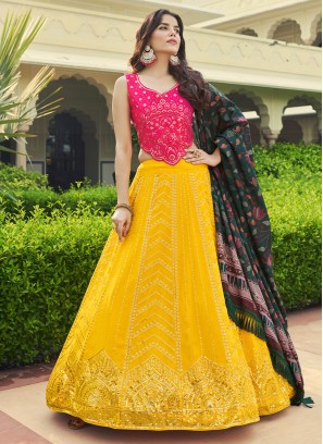 Yellow Georgette Sequins Lehenga with Pink Choli