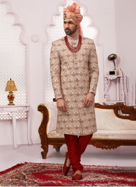 Heavy Embroidered Art Banarasi Silk Sherwani In Cream