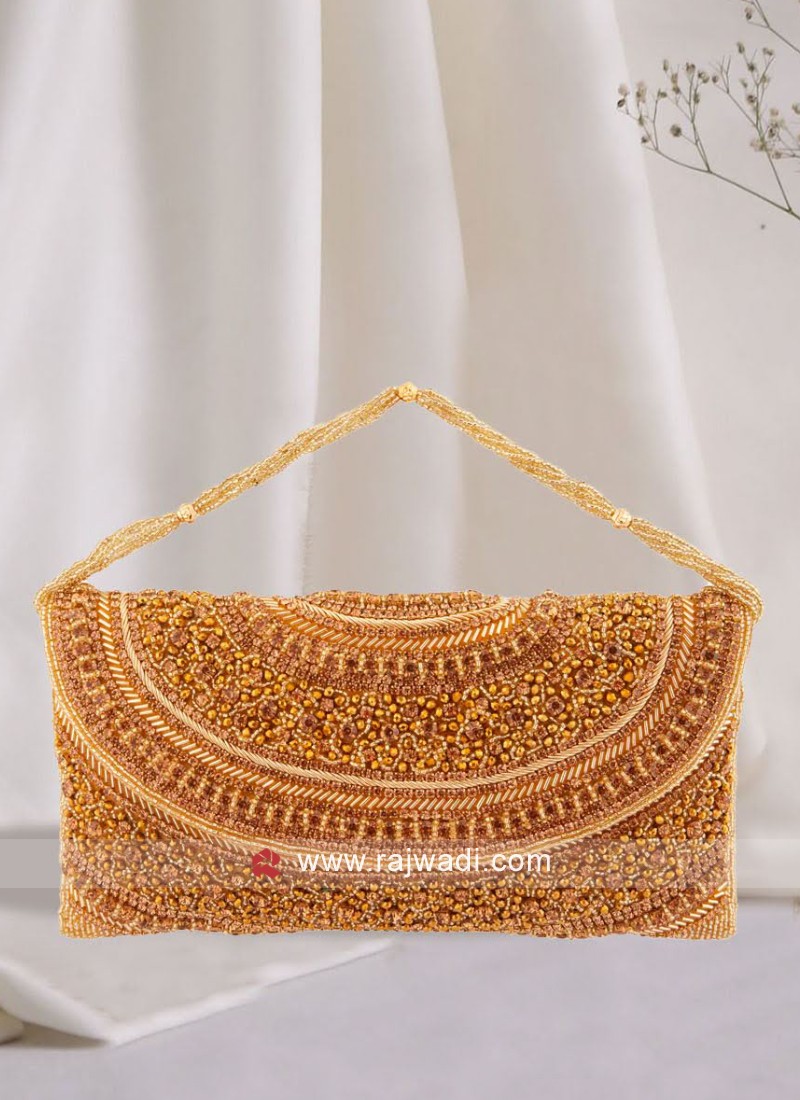Heavy Hand Embroidered Gold Clutch Bag