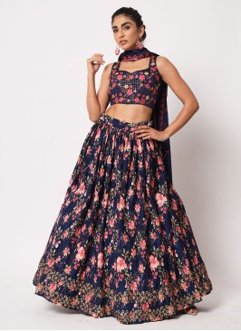 Navy Blue Designer Ghagra Choli With Floral Designs