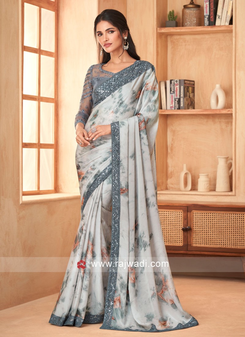 Grey Sequins Embroidered Georgette Satin Contemporary Saree