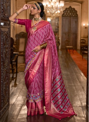 Deep Pink Patola Printed Silk Contemporary Saree