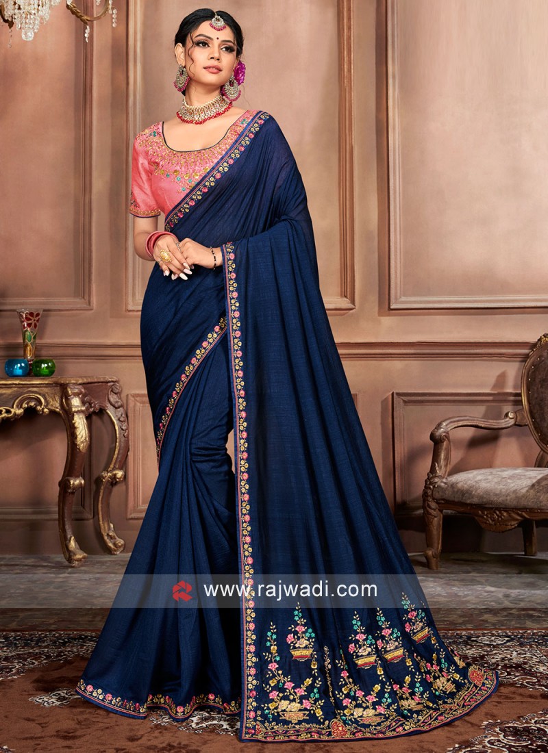 Vichitra Silk Designer Saree In Navy Blue Colour - SR4690374