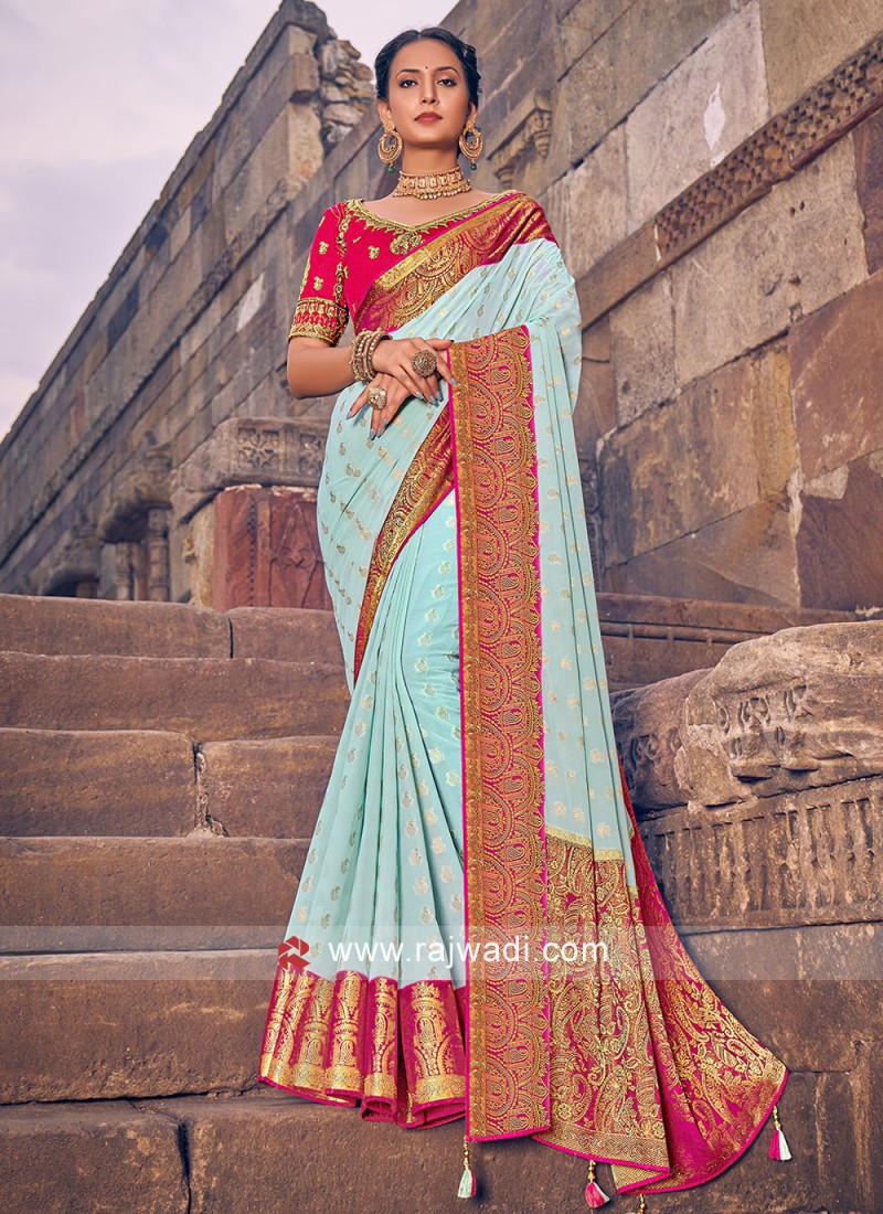 Satin Silk blue pink banarasi saree with antique zari - Vastrams