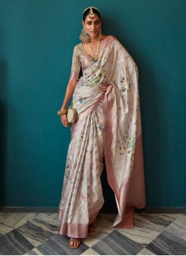 Lavender Blush And Cream Floral Printed Soft Silk Saree