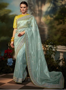 Gorgeous Aqua Blue Organza Shimmer Contemporary Saree