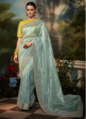 Gorgeous Aqua Blue Organza Shimmer Contemporary Saree