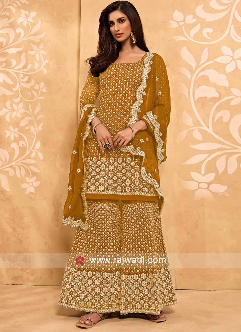 Immaculate Faux Georgette Mustard Designer Pakistani Salwar Suit