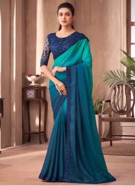 Shaded Blue Embroidered Silk Saree