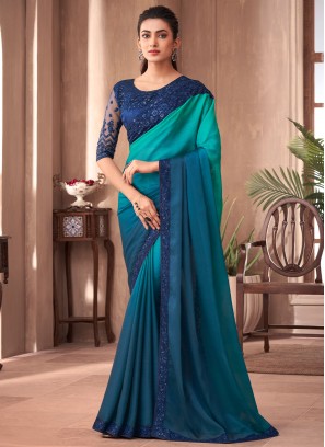 Shaded Blue Embroidered Silk Saree