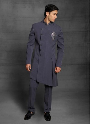 Imported Fabric Indowestern In Dark Grey Color