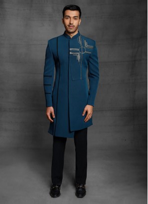 Imported Fabric Indowestern In Peacock Blue Color