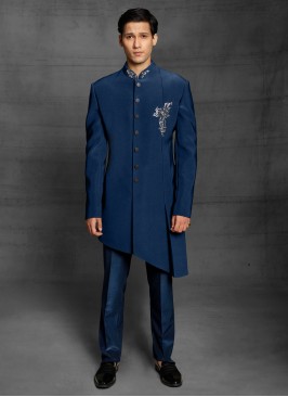 Imported Silk Fabric Indowestern In Peacock Blue Color