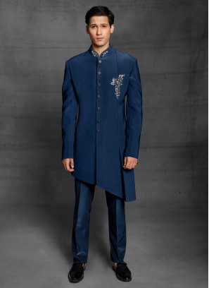 Imported Silk Fabric Indowestern In Peacock Blue Color