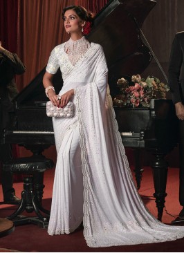 Traditional White Embroidered Lycra Saree