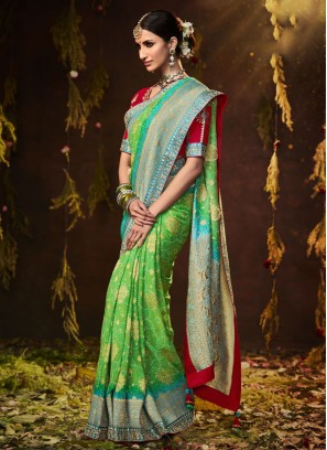 Gorgeous Green Festive Bandhej Silk Saree