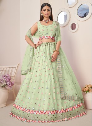 Designer Pista Green Chiffon Embroidered Lehenga Choli