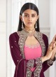 Incredible Faux Georgette Embroidered Pink and Wine Jacket Style Anarkali Suit