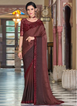 Maroon Resham Work Silk Contemporary Saree