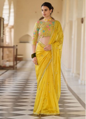 Innovative Organza Yellow Sequins Trendy Saree