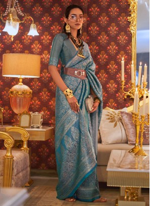 Weaving Work Sky Blue Silk Saree