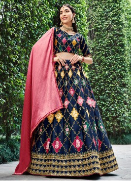 Navy Blue Silk Wedding Lehenga Choli