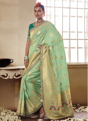 Sea Green Woven Silk Saree with Zari Work