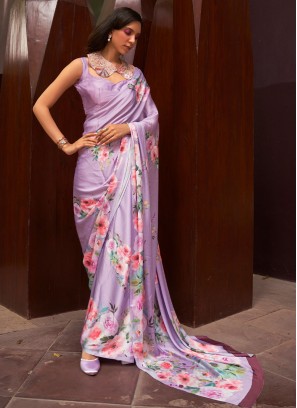 Beautiful Lavender Satin Designer Saree
