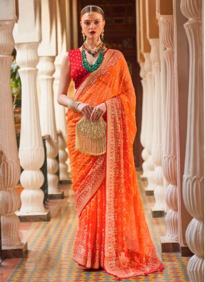Trendy Orange Printed Saree In Georgette