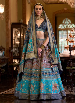 Buy Chikoo georgette multicolor thread wedding lehenga choli at fealdeal.com