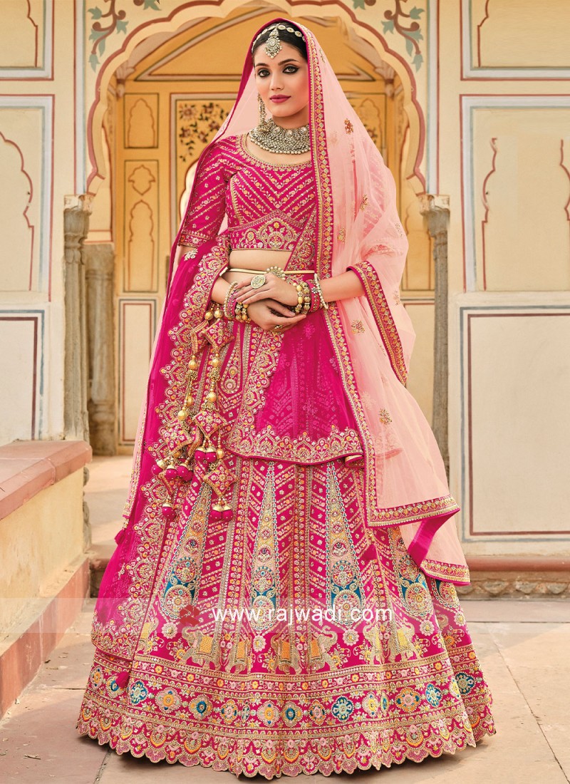 Pink heavy flare bridal lehenga with gota and Resham embroidery – Ricco  India