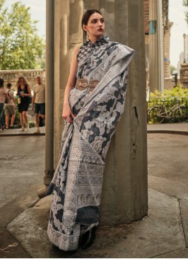 Dark Grey Lucknowi Woven Satin Silk Saree