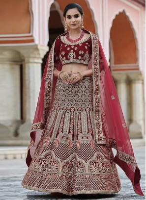 Invigorating Velvet Maroon Patch Border Lehenga Choli