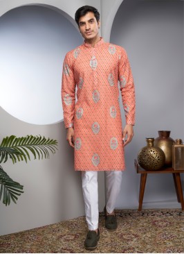 Festive Wear Light Orange Printed Kurta Pajama