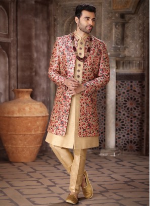 Jacket Style Art Silk Indowestern In Biscuit Color