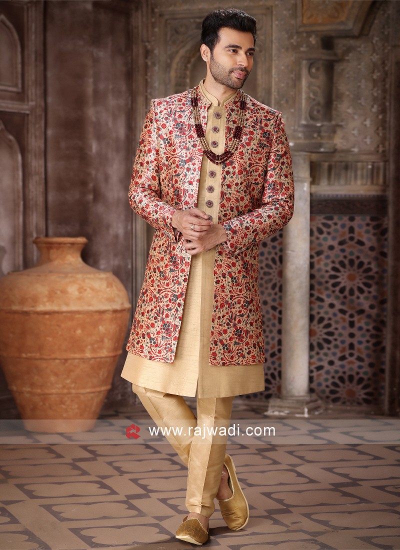 Biscuit coloured sherwani with a trendy Mandarin collar | Groom dress men,  Indian groom dress, Wedding dresses men indian