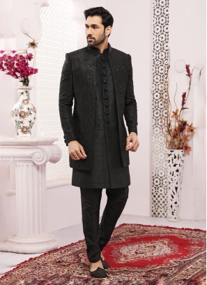 Jacket Style Black Embroidered Insowestern Set