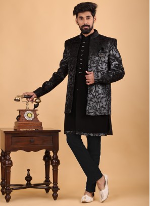 Thread Work Jodhpuri Suit In Black Color