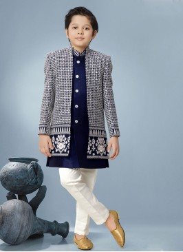 Jacket Style Blue And White Thread Work Indowestern