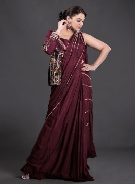 Wine Chiffon Saree with Jacket Style Designer Blouse