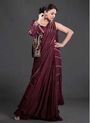 Wine Chiffon Saree with Jacket Style Designer Blouse