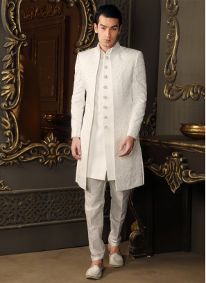 Jacket Style Designer Sherwani In White Color