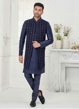 Jacket Style Embroidered Indowestern In Blue Color