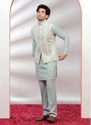 Jacket Style Embroidered Indowestern Set For Men