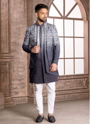 Jacket Style Embroidered Indowestern Set For Men